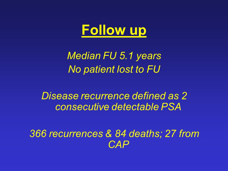 Follow up Median FU 5.1 years No patient lost to FU Disease recurrence defined as 2 consecutive detectable PSA 366 recurrences & 84 deaths; 27 from CAP