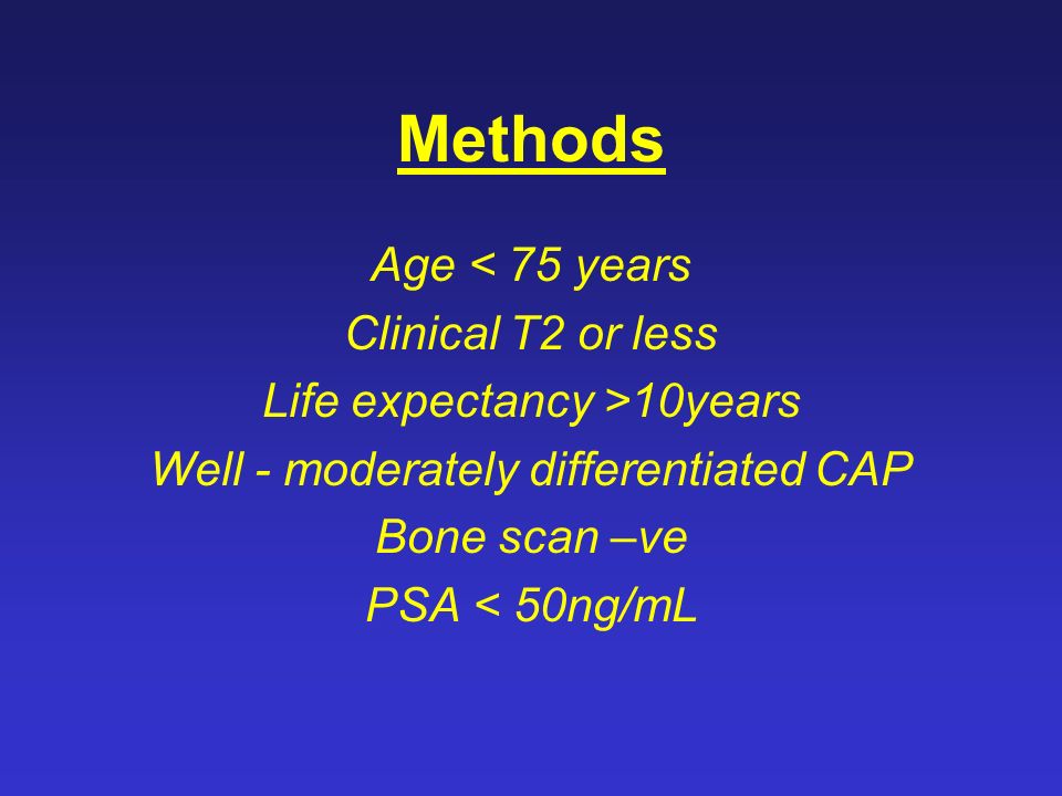 Methods Age < 75 years Clinical T2 or less Life expectancy >10years Well - moderately differentiated CAP Bone scan –ve PSA < 50ng/mL