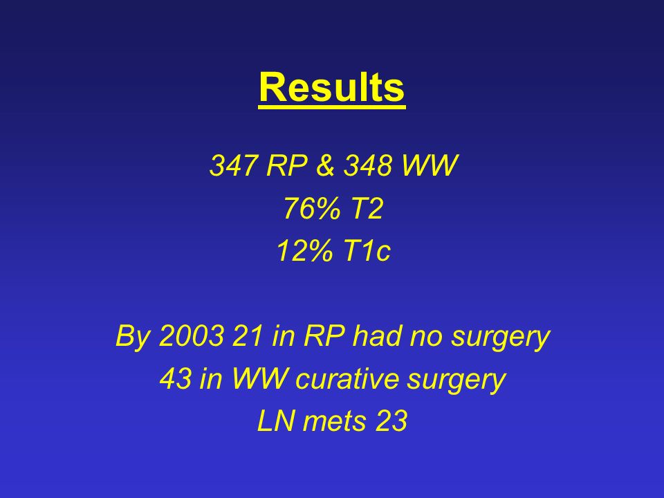 Results 347 RP & 348 WW 76% T2 12% T1c By in RP had no surgery 43 in WW curative surgery LN mets 23