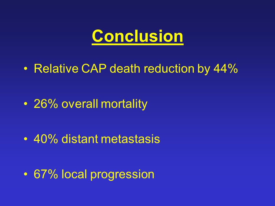 Conclusion Relative CAP death reduction by 44% 26% overall mortality 40% distant metastasis 67% local progression