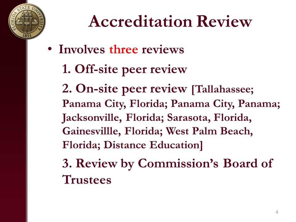Accreditation Review Involves three reviews 1. Off-site peer review 2.