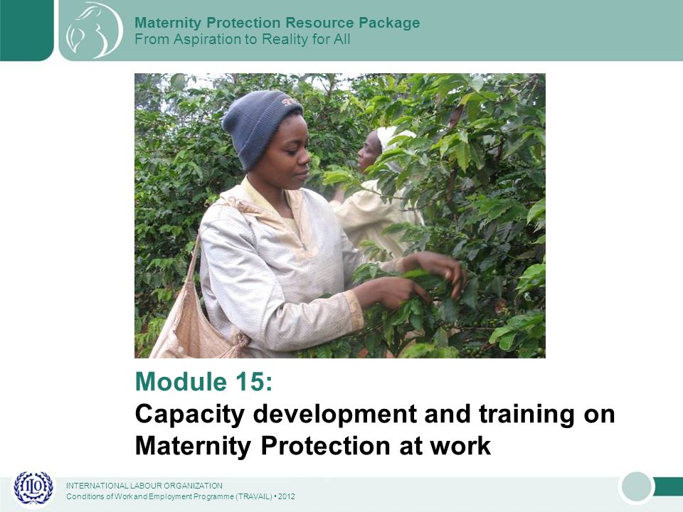 INTERNATIONAL LABOUR ORGANIZATION Conditions of Work and Employment Programme (TRAVAIL) 2012 Module 15: Capacity development and training on Maternity Protection at work Maternity Protection Resource Package From Aspiration to Reality for All