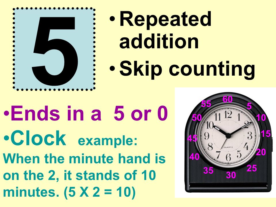 5 Repeated addition Skip counting Ends in a 5 or 0 Clock example: When the minute hand is on the 2, it stands of 10 minutes.