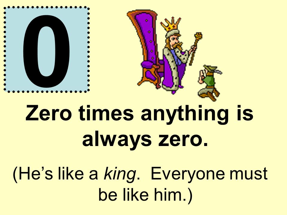 Zero times anything is always zero. (He’s like a king. Everyone must be like him.) 0