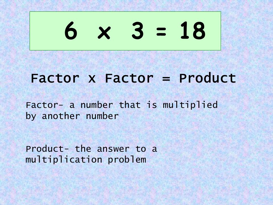 Factor x Factor = Product Factor- a number that is multiplied by another number Product- the answer to a multiplication problem