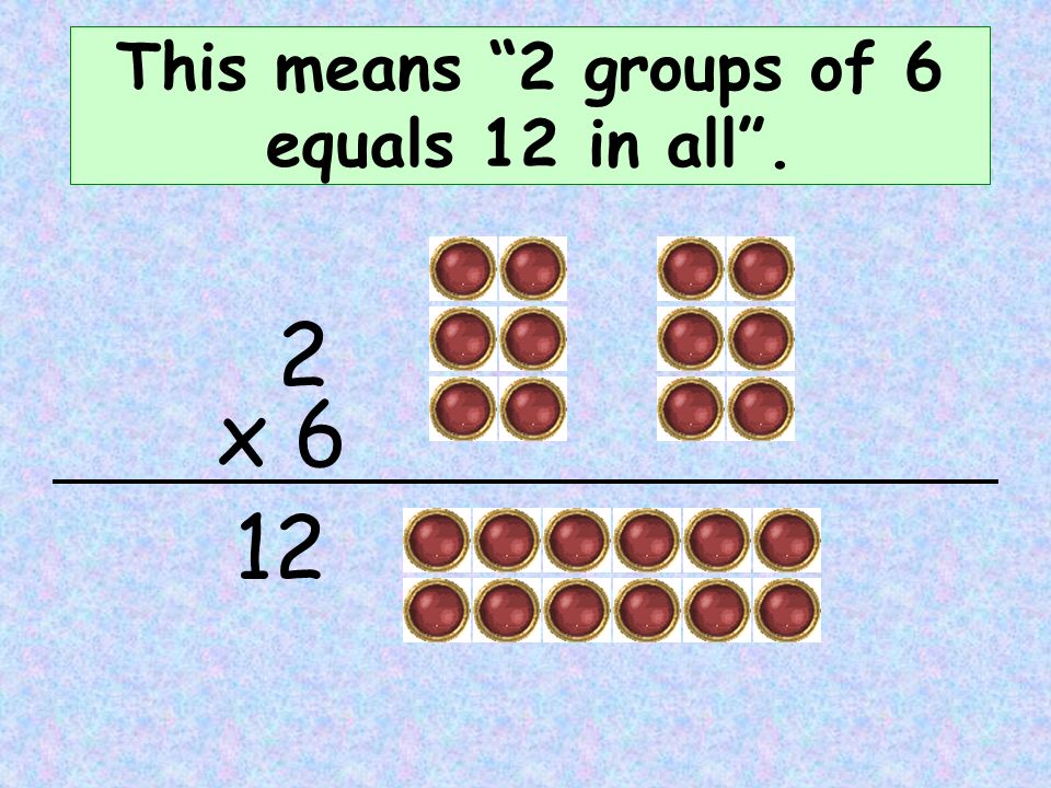 x 6 This means 2 groups of 6 equals 12 in all