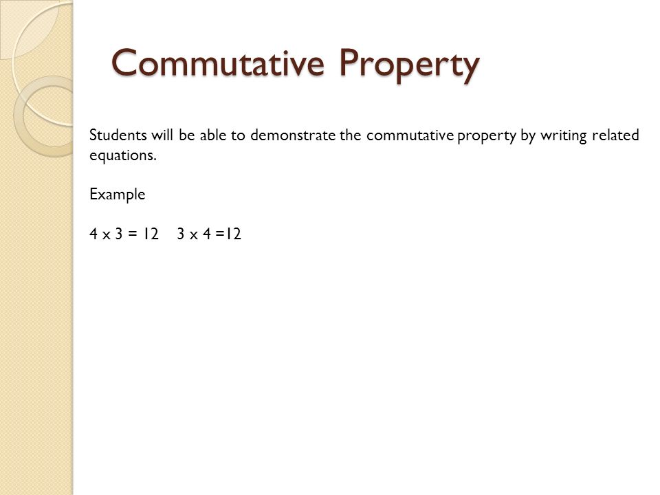 Commutative Property Students will be able to demonstrate the commutative property by writing related equations.