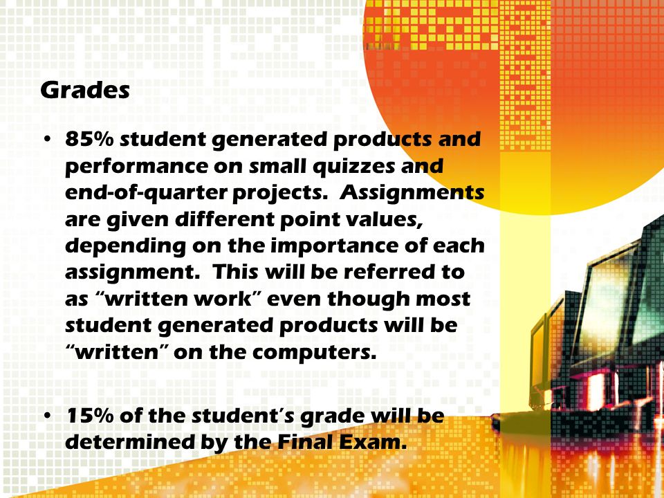 Grades 85% student generated products and performance on small quizzes and end-of-quarter projects.