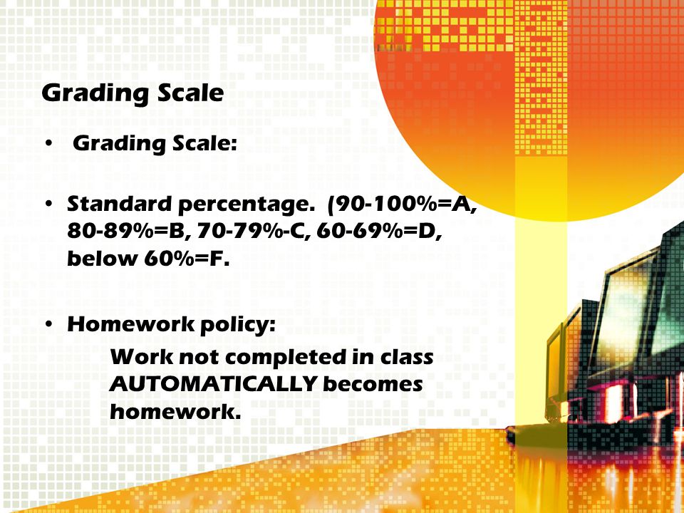 Grading Scale Grading Scale: Standard percentage.