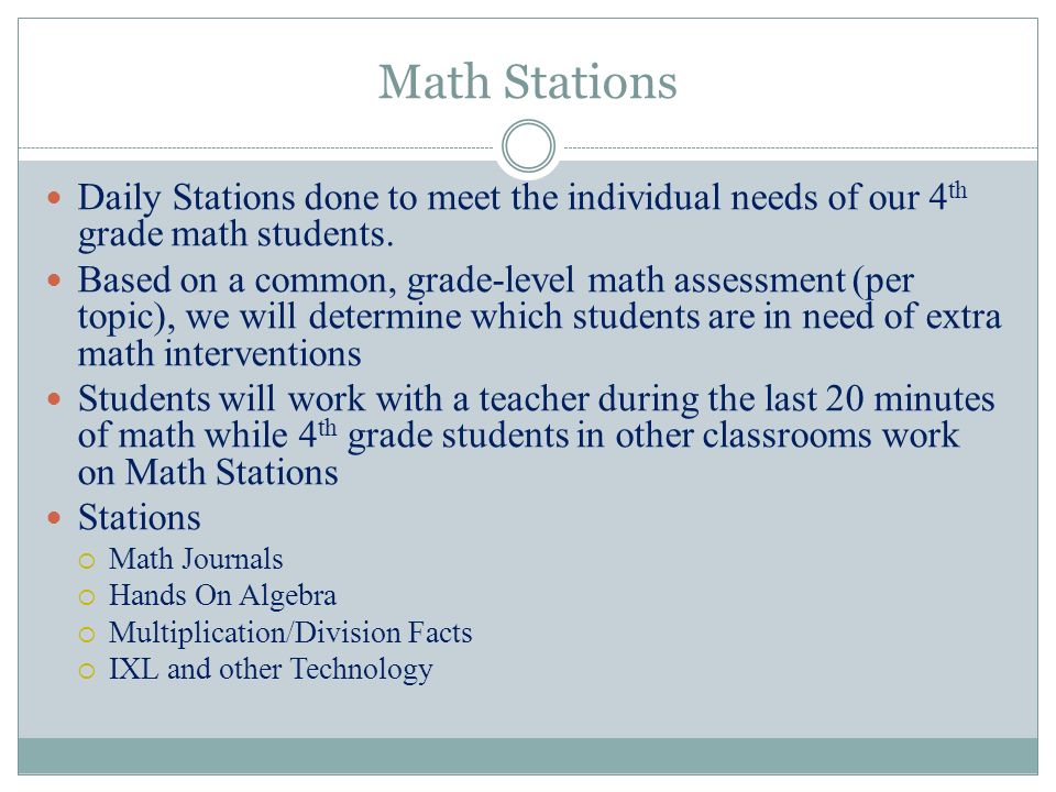 Math Stations Daily Stations done to meet the individual needs of our 4 th grade math students.
