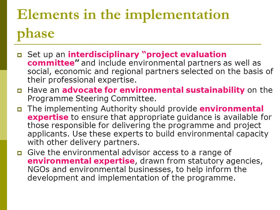 Elements in the implementation phase  Set up an interdisciplinary project evaluation committee and include environmental partners as well as social, economic and regional partners selected on the basis of their professional expertise.