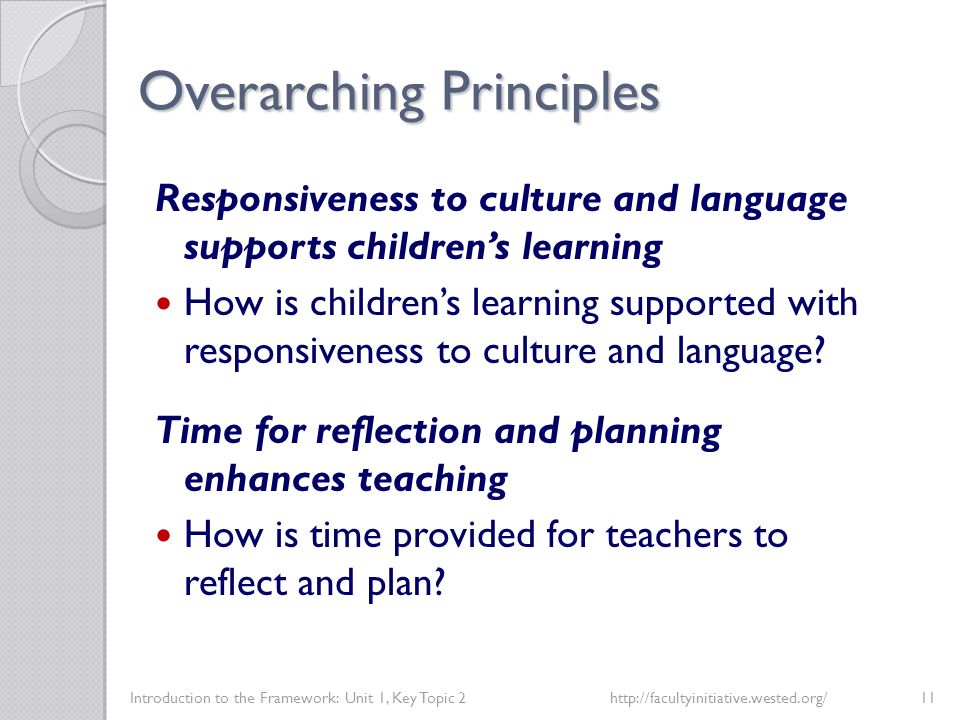 Overarching Principles Introduction to the Framework: Unit 1, Key Topic 2http://facultyinitiative.wested.org/11 Responsiveness to culture and language supports children’s learning How is children’s learning supported with responsiveness to culture and language.