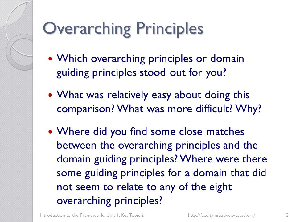 Overarching Principles Introduction to the Framework: Unit 1, Key Topic 2http://facultyinitiative.wested.org/13 Which overarching principles or domain guiding principles stood out for you.