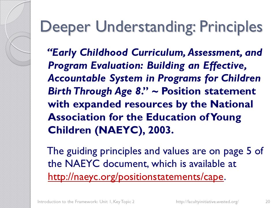 Deeper Understanding: Principles Introduction to the Framework: Unit 1, Key Topic 2http://facultyinitiative.wested.org/20 Early Childhood Curriculum, Assessment, and Program Evaluation: Building an Effective, Accountable System in Programs for Children Birth Through Age 8. ~ Position statement with expanded resources by the National Association for the Education of Young Children (NAEYC), 2003.