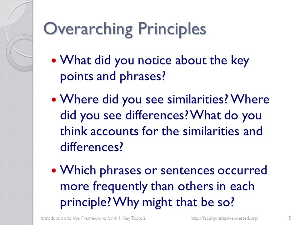 Overarching Principles Introduction to the Framework: Unit 1, Key Topic 2http://facultyinitiative.wested.org/5 What did you notice about the key points and phrases.