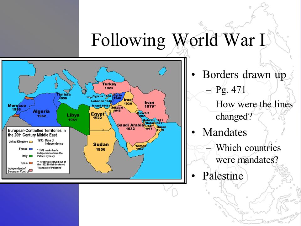 Following World War I Borders drawn up –Pg. 471 How were the lines changed.