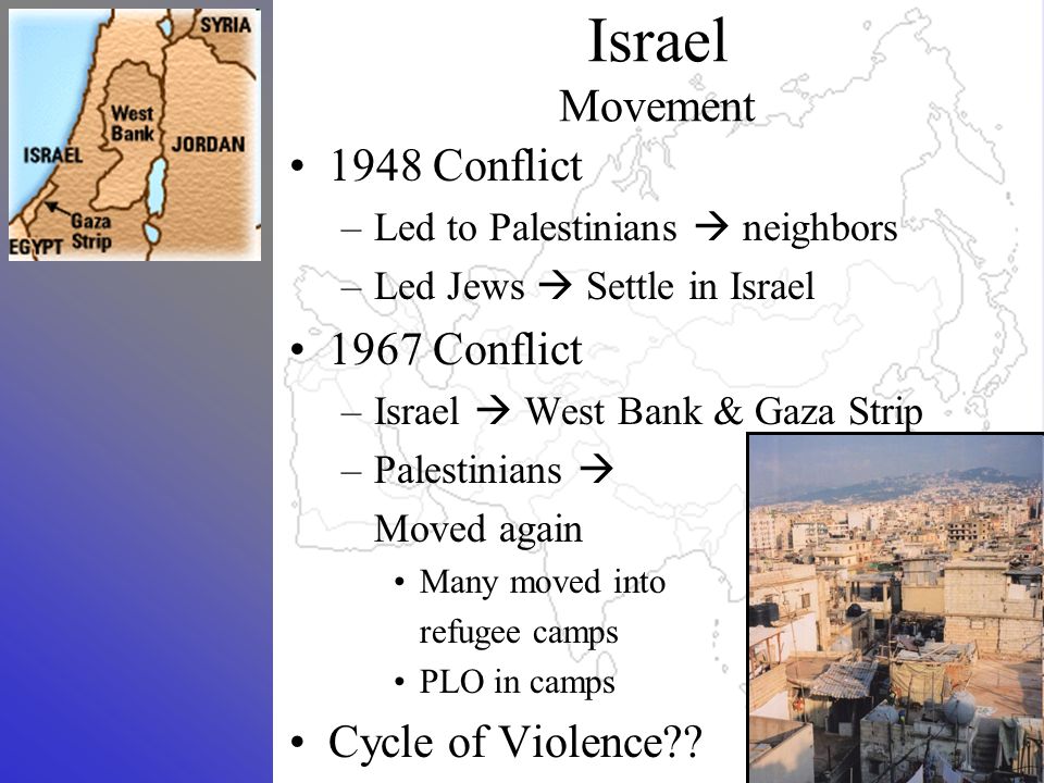 Israel Movement 1948 Conflict –Led to Palestinians  neighbors –Led Jews  Settle in Israel 1967 Conflict –Israel  West Bank & Gaza Strip –Palestinians  Moved again Many moved into refugee camps PLO in camps Cycle of Violence .