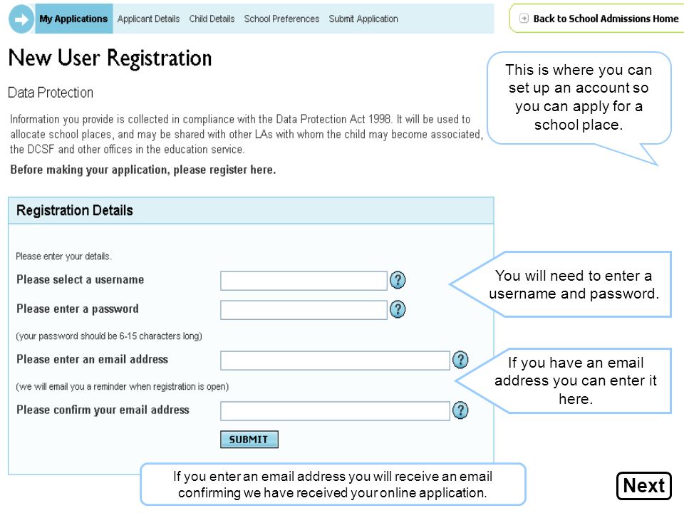 This is where you can set up an account so you can apply for a school place.