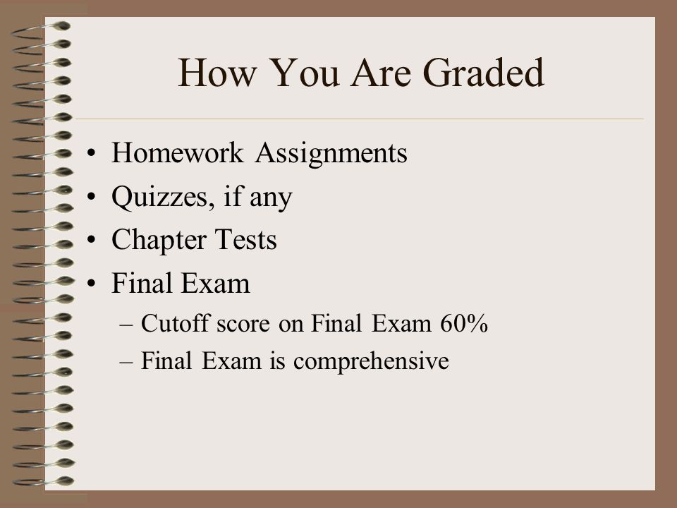 How You Are Graded Homework Assignments Quizzes, if any Chapter Tests Final Exam –Cutoff score on Final Exam 60% –Final Exam is comprehensive