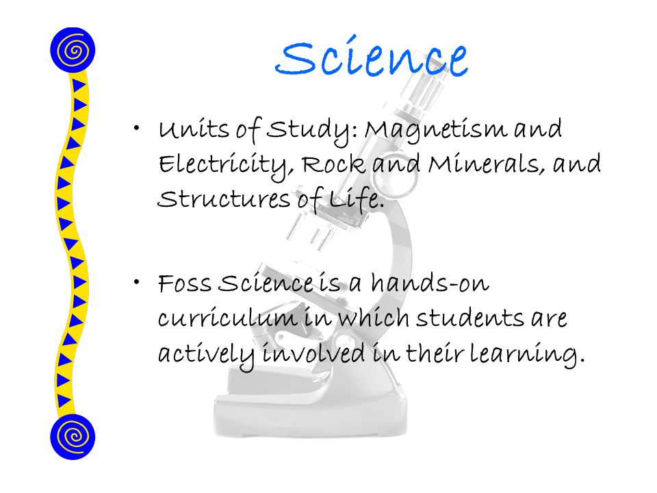 Science Units of Study: Magnetism and Electricity, Rock and Minerals, and Structures of Life.