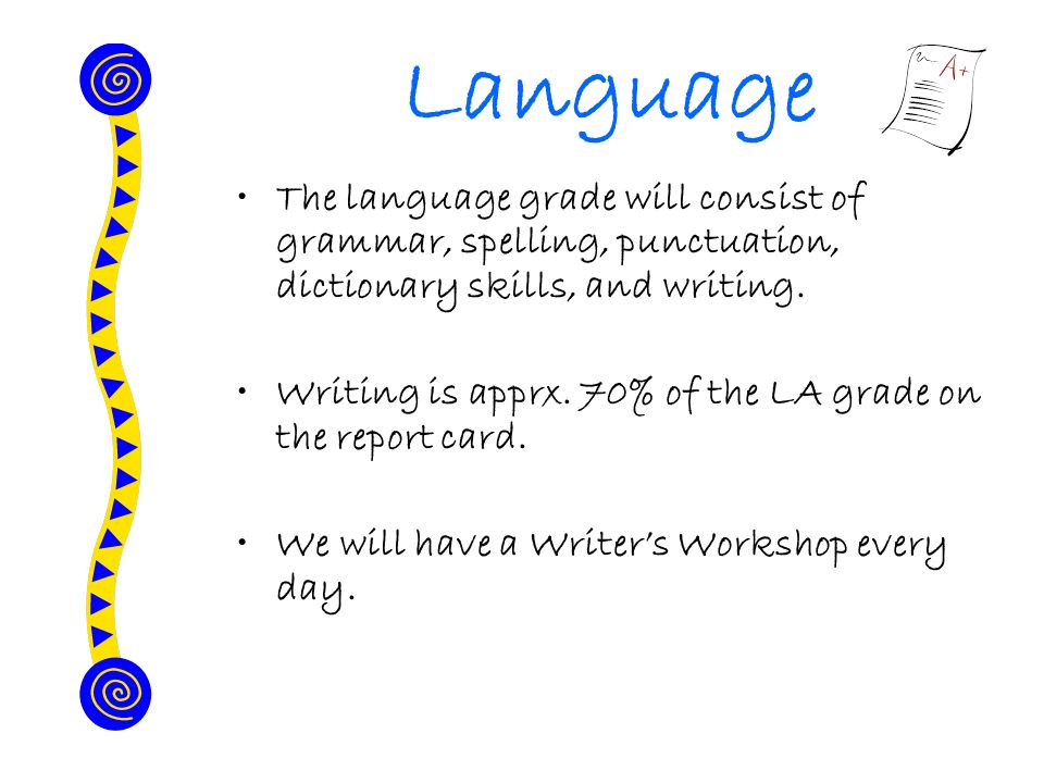 Language The language grade will consist of grammar, spelling, punctuation, dictionary skills, and writing.
