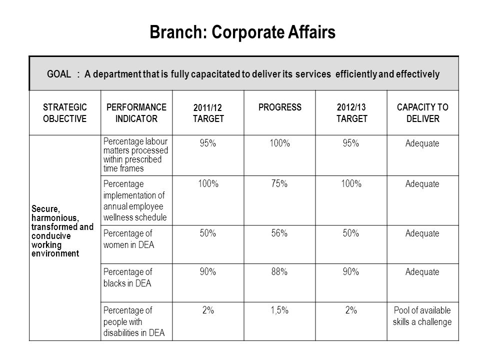 Branch: Corporate Affairs GOAL : A department that is fully capacitated to deliver its services efficiently and effectively STRATEGIC OBJECTIVE PERFORMANCE INDICATOR 2011/12 TARGET PROGRESS2012/13 TARGET CAPACITY TO DELIVER Secure, harmonious, transformed and conducive working environment Percentage labour matters processed within prescribed time frames 95%100%95%Adequate Percentage implementation of annual employee wellness schedule 100%75%100%Adequate Percentage of women in DEA 50%56%50%Adequate Percentage of blacks in DEA 90%88%90%Adequate Percentage of people with disabilities in DEA 2%1,5%2%Pool of available skills a challenge