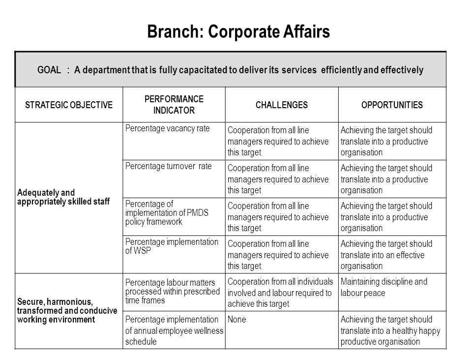 Branch: Corporate Affairs GOAL : A department that is fully capacitated to deliver its services efficiently and effectively STRATEGIC OBJECTIVE PERFORMANCE INDICATOR CHALLENGESOPPORTUNITIES Adequately and appropriately skilled staff Percentage vacancy rate Cooperation from all line managers required to achieve this target Achieving the target should translate into a productive organisation Percentage turnover rate Cooperation from all line managers required to achieve this target Achieving the target should translate into a productive organisation Percentage of implementation of PMDS policy framework Cooperation from all line managers required to achieve this target Achieving the target should translate into a productive organisation Percentage implementation of WSP Cooperation from all line managers required to achieve this target Achieving the target should translate into an effective organisation Secure, harmonious, transformed and conducive working environment Percentage labour matters processed within prescribed time frames Cooperation from all individuals involved and labour required to achieve this target Maintaining discipline and labour peace Percentage implementation of annual employee wellness schedule NoneAchieving the target should translate into a healthy happy productive organisation