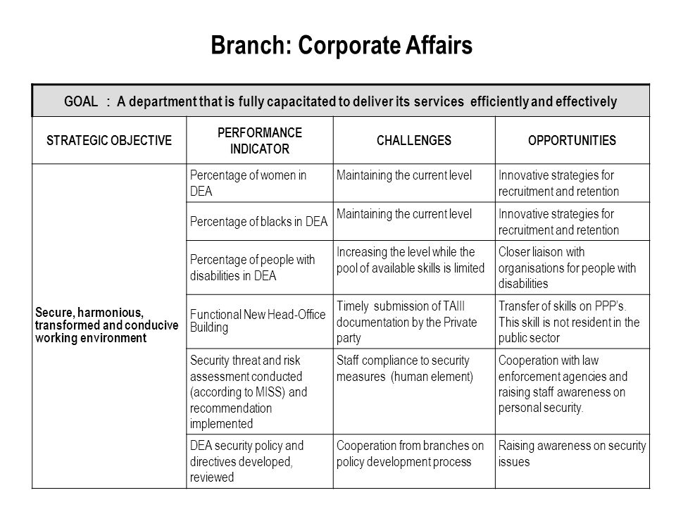 Branch: Corporate Affairs GOAL : A department that is fully capacitated to deliver its services efficiently and effectively STRATEGIC OBJECTIVE PERFORMANCE INDICATOR CHALLENGESOPPORTUNITIES Secure, harmonious, transformed and conducive working environment Percentage of women in DEA Maintaining the current levelInnovative strategies for recruitment and retention Percentage of blacks in DEA Maintaining the current levelInnovative strategies for recruitment and retention Percentage of people with disabilities in DEA Increasing the level while the pool of available skills is limited Closer liaison with organisations for people with disabilities Functional New Head-Office Building Timely submission of TAIII documentation by the Private party Transfer of skills on PPP’s.