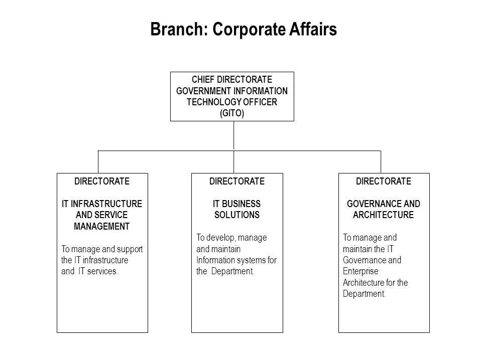 Branch: Corporate Affairs DIRECTORATE IT BUSINESS SOLUTIONS To develop, manage and maintain Information systems for the Department.