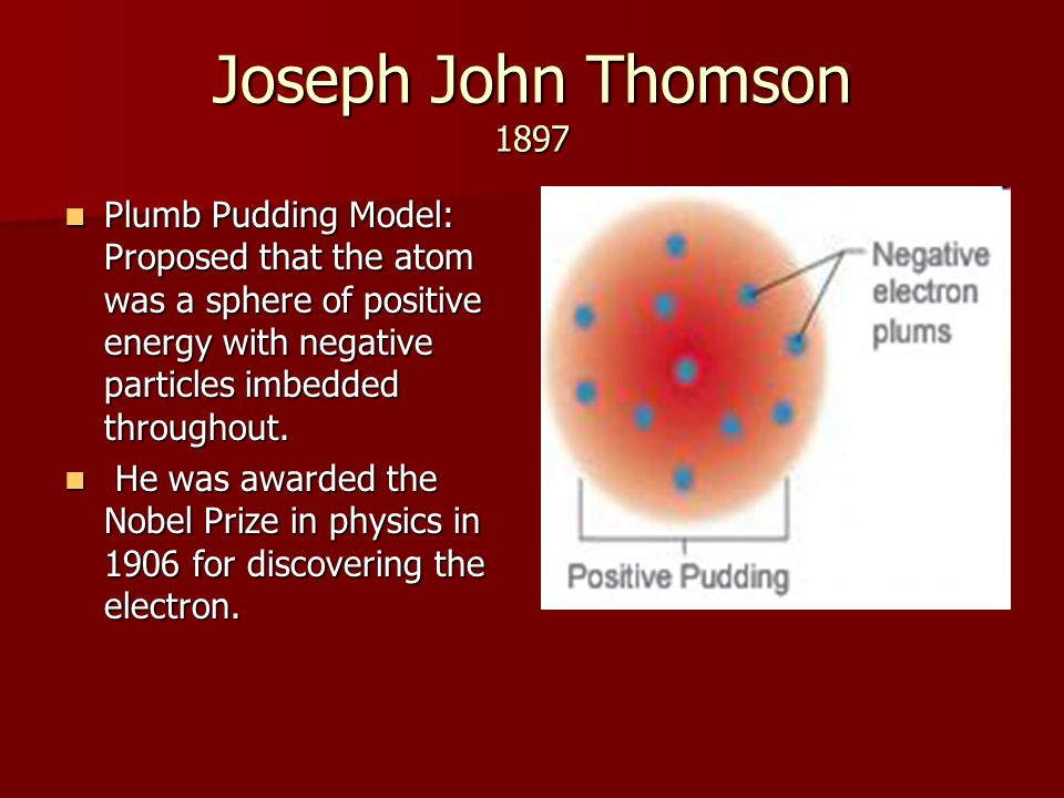 Joseph John Thomson 1897 Plumb Pudding Model: Proposed that the atom was a sphere of positive energy with negative particles imbedded throughout.
