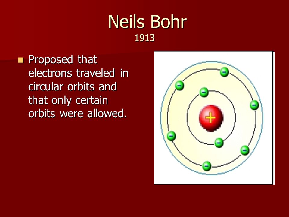 Neils Bohr 1913 Neils Bohr 1913 Proposed that electrons traveled in circular orbits and that only certain orbits were allowed.