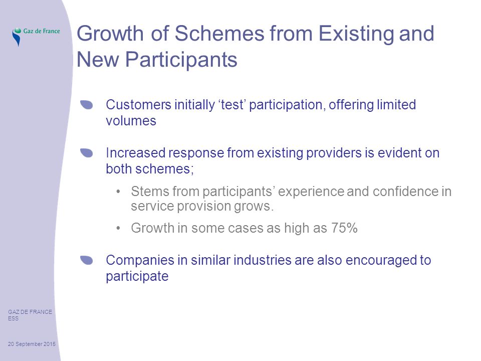 GAZ DE FRANCE ESS 20 September 2015 Growth of Schemes from Existing and New Participants Customers initially ‘test’ participation, offering limited volumes Increased response from existing providers is evident on both schemes; Stems from participants’ experience and confidence in service provision grows.
