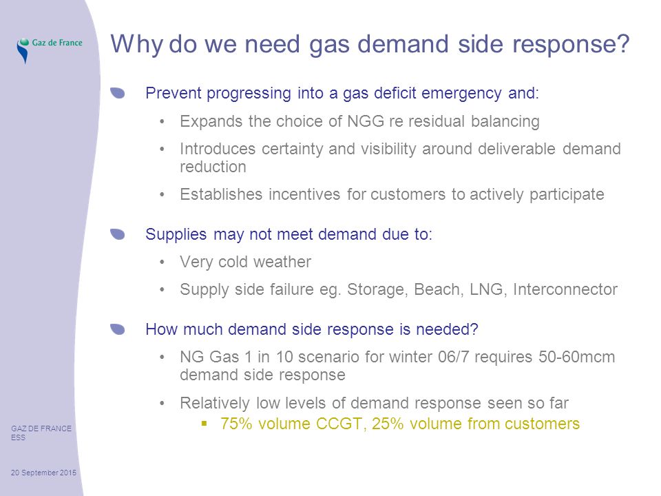 GAZ DE FRANCE ESS 20 September 2015 Why do we need gas demand side response.