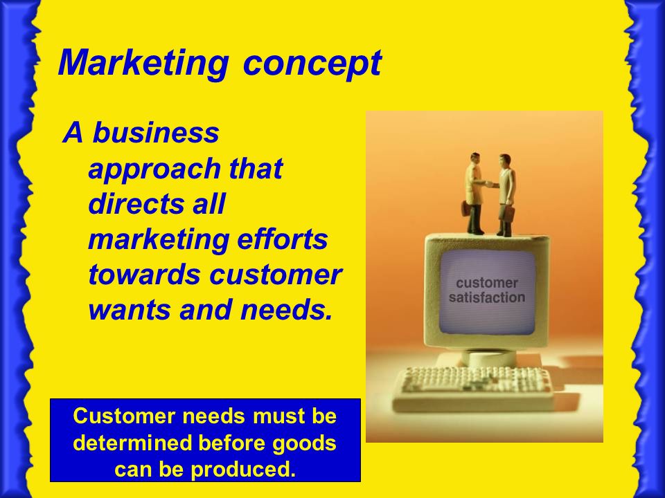 Marketing concept A business approach that directs all marketing efforts towards customer wants and needs.