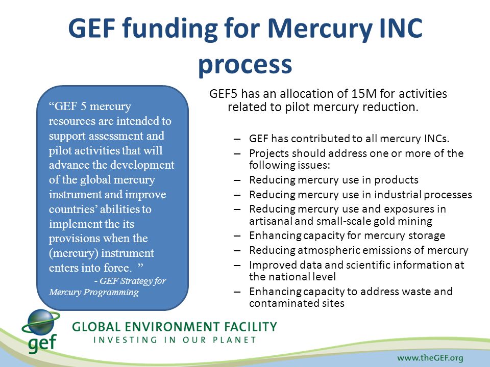 GEF funding for Mercury INC process GEF5 has an allocation of 15M for activities related to pilot mercury reduction.