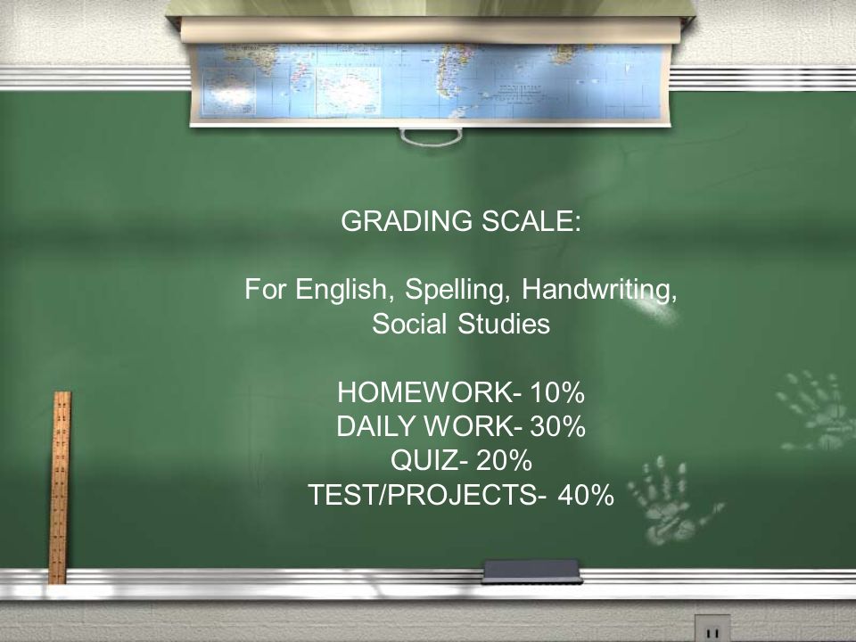 GRADING SCALE: For English, Spelling, Handwriting, Social Studies HOMEWORK- 10% DAILY WORK- 30% QUIZ- 20% TEST/PROJECTS- 40%
