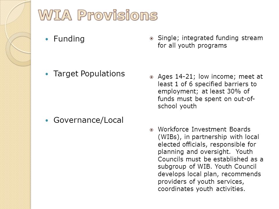 Funding Target Populations Governance/Local  Single; integrated funding stream for all youth programs  Ages 14-21; low income; meet at least 1 of 6 specified barriers to employment; at least 30% of funds must be spent on out-of- school youth  Workforce Investment Boards (WIBs), in partnership with local elected officials, responsible for planning and oversight.