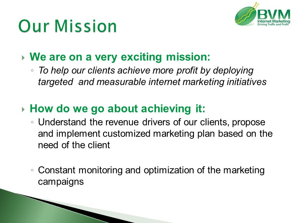  We are on a very exciting mission: ◦ To help our clients achieve more profit by deploying targeted and measurable internet marketing initiatives  How do we go about achieving it: ◦ Understand the revenue drivers of our clients, propose and implement customized marketing plan based on the need of the client ◦ Constant monitoring and optimization of the marketing campaigns