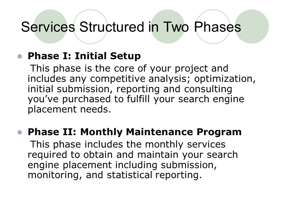 Services Structured in Two Phases Phase I: Initial Setup This phase is the core of your project and includes any competitive analysis; optimization, initial submission, reporting and consulting you’ve purchased to fulfill your search engine placement needs.