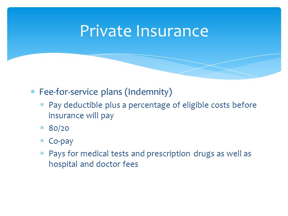  Fee-for-service plans (Indemnity)  Pay deductible plus a percentage of eligible costs before insurance will pay  80/20  Co-pay  Pays for medical tests and prescription drugs as well as hospital and doctor fees Private Insurance