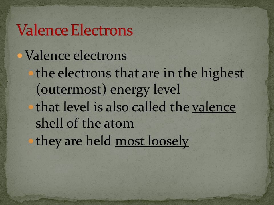 Valence electrons the electrons that are in the highest (outermost) energy level that level is also called the valence shell of the atom they are held most loosely