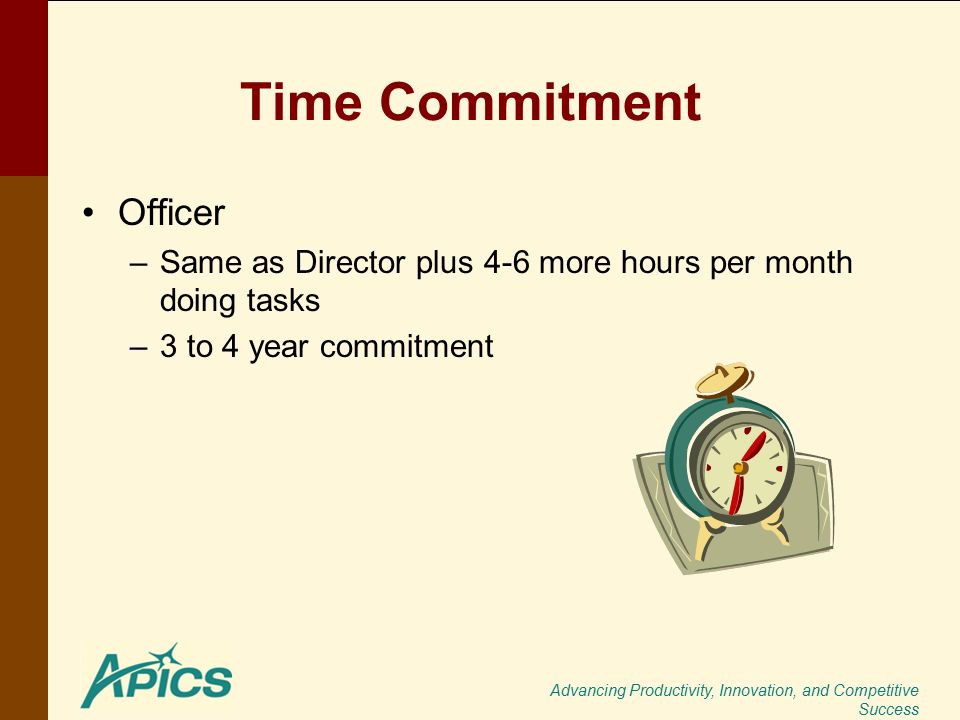 Advancing Productivity, Innovation, and Competitive Success Time Commitment Officer –Same as Director plus 4-6 more hours per month doing tasks –3 to 4 year commitment