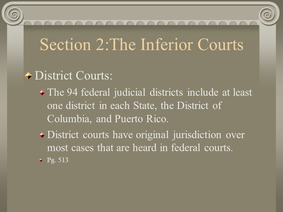 Section 2:The Inferior Courts District Courts: The 94 federal judicial districts include at least one district in each State, the District of Columbia, and Puerto Rico.