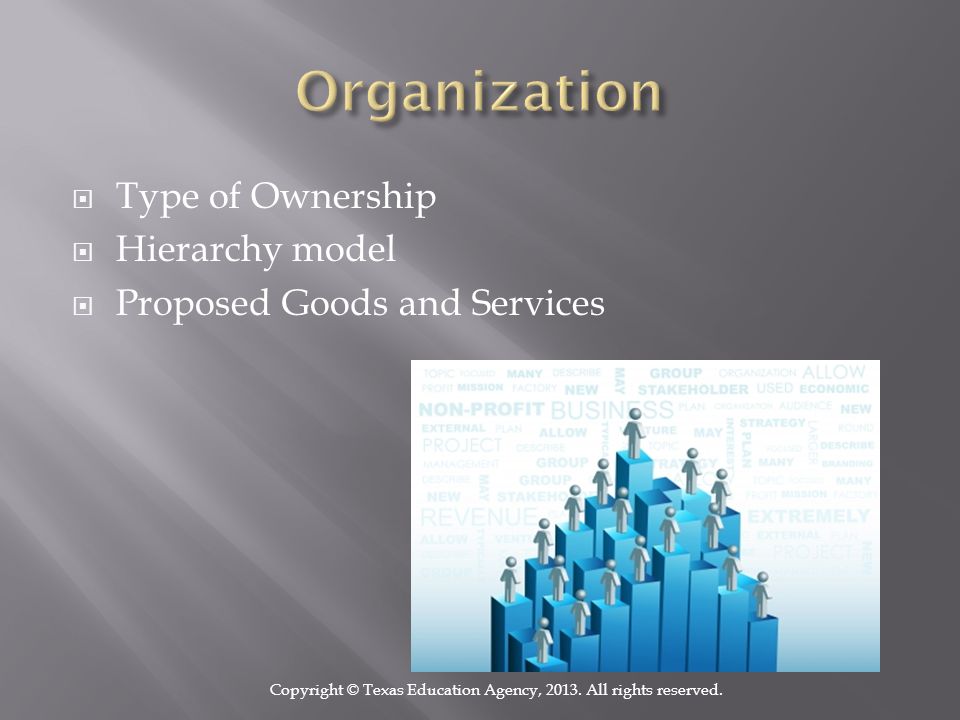  Type of Ownership  Hierarchy model  Proposed Goods and Services Copyright © Texas Education Agency, 2013.