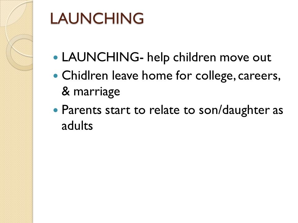LAUNCHING LAUNCHING- help children move out Chidlren leave home for college, careers, & marriage Parents start to relate to son/daughter as adults