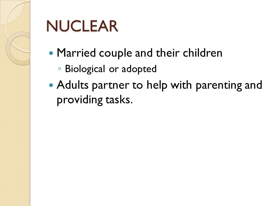 NUCLEAR Married couple and their children ◦ Biological or adopted Adults partner to help with parenting and providing tasks.