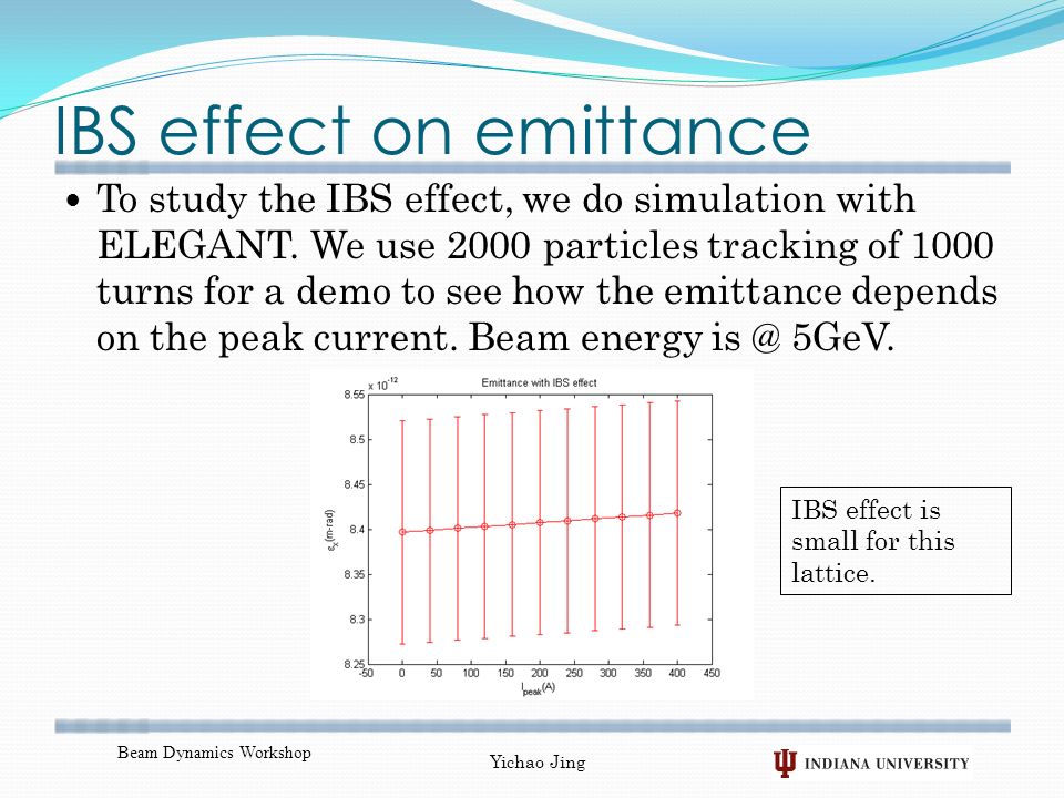 IBS effect on emittance To study the IBS effect, we do simulation with ELEGANT.