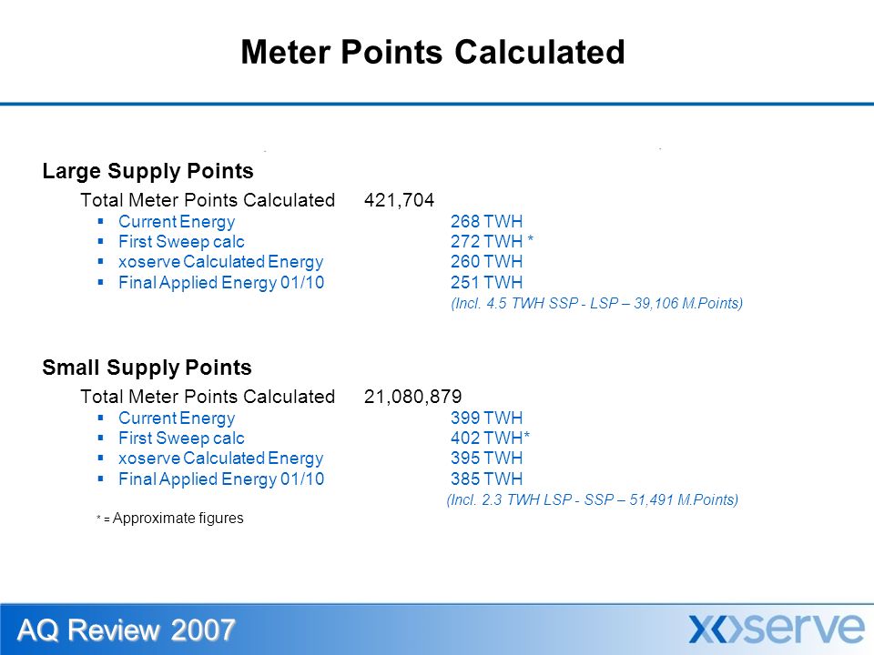 Meter Points Calculated Large Supply Points Total Meter Points Calculated 421,704  Current Energy 268 TWH  First Sweep calc 272 TWH *  xoserve Calculated Energy 260 TWH  Final Applied Energy 01/ TWH (Incl.