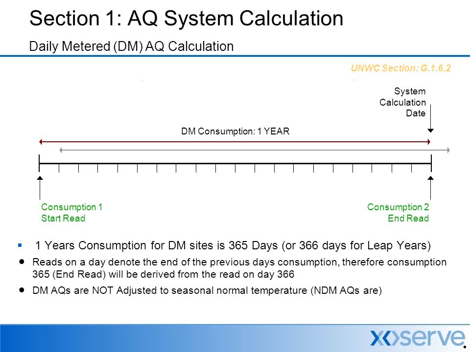  1 Years Consumption for DM sites is 365 Days (or 366 days for Leap Years) Section 1: AQ System Calculation Daily Metered (DM) AQ Calculation UNWC Section: G Consumption 1 Start Read Consumption 2 End Read DM Consumption: 1 YEAR System Calculation Date  Reads on a day denote the end of the previous days consumption, therefore consumption 365 (End Read) will be derived from the read on day 366  DM AQs are NOT Adjusted to seasonal normal temperature (NDM AQs are)