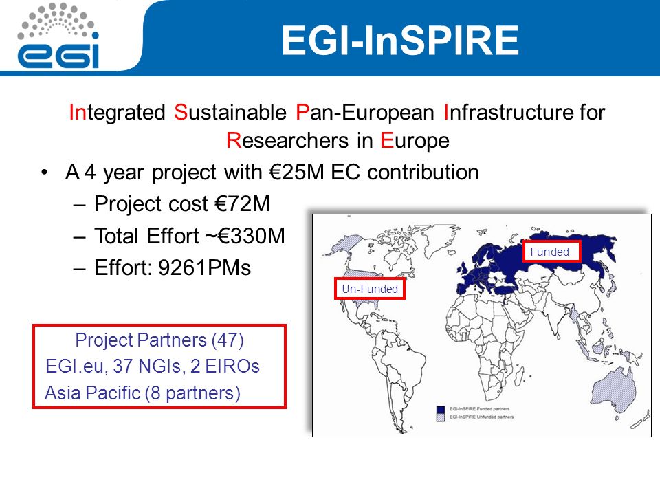EGI-InSPIRE Integrated Sustainable Pan-European Infrastructure for Researchers in Europe A 4 year project with €25M EC contribution –Project cost €72M –Total Effort ~€330M –Effort: 9261PMs Project Partners (47) EGI.eu, 37 NGIs, 2 EIROs Asia Pacific (8 partners) Funded Un-Funded